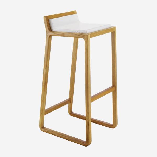 Tabouret de bar haut en cuir – Blanc – Pieds chêne