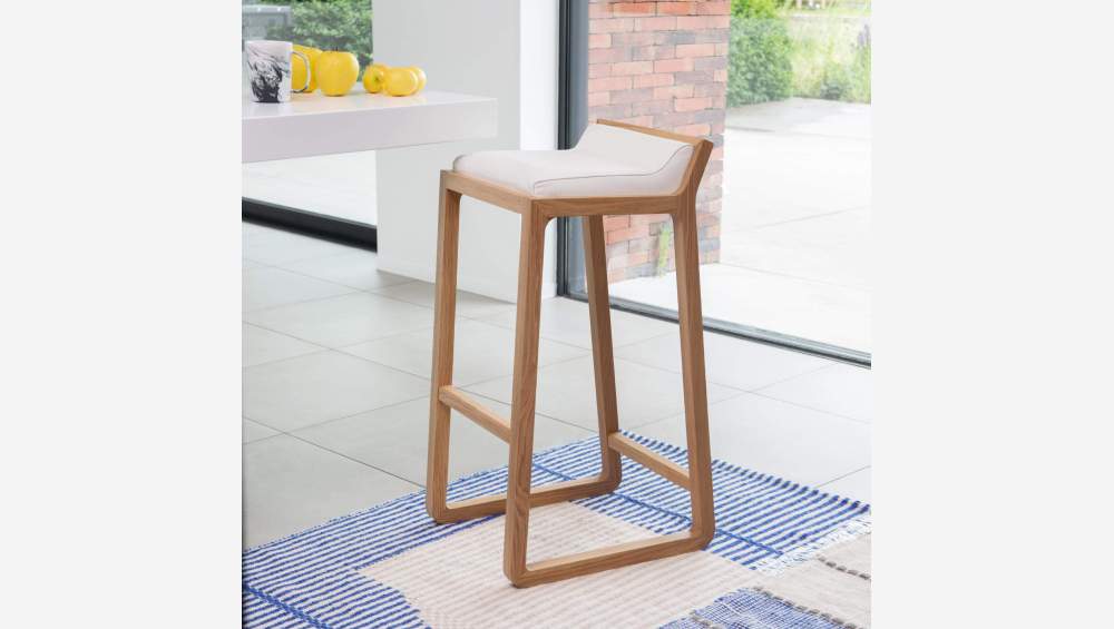 Tabouret de bar haut en cuir – Blanc – Pieds chêne