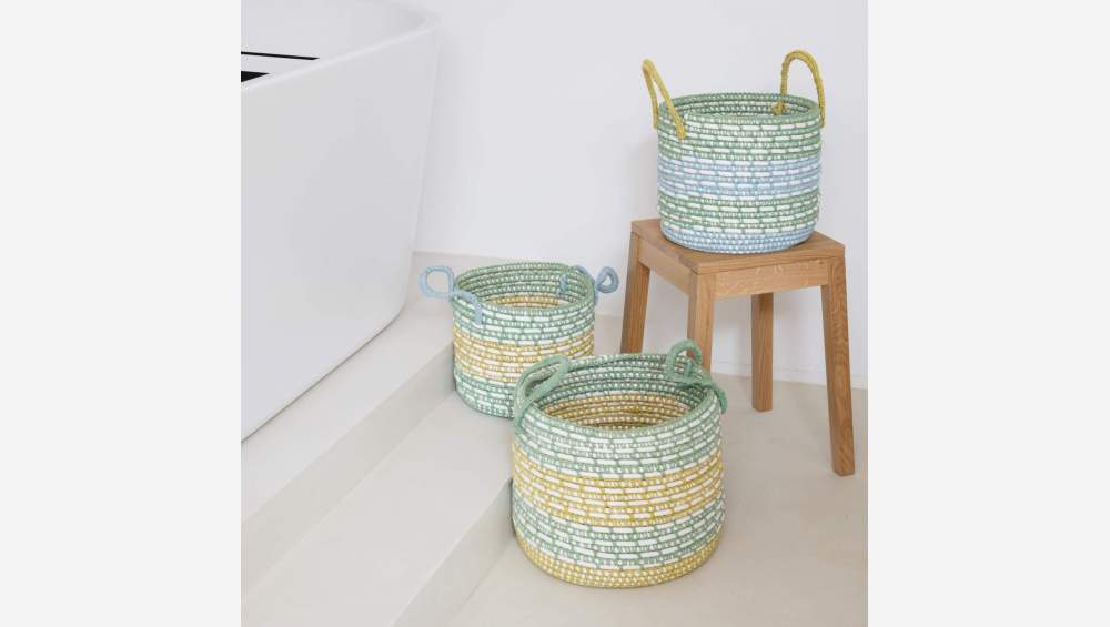 Lot de 3 paniers de rangement en rotin et coton - Multicolore