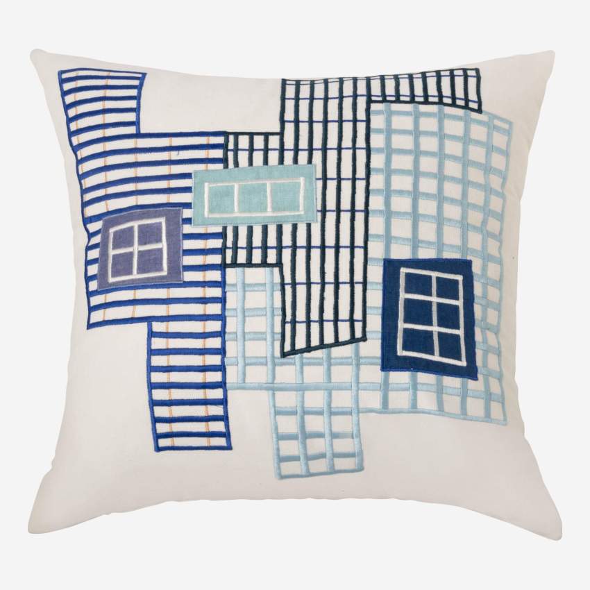 Coussin brodé en coton - 45 x 45 cm - Bleu - Design by Floriane Jacques