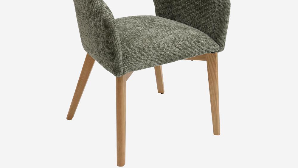 Lot de 2 chaises en tissu chenille et bois massif avec accoudoirs - Vert et chêne