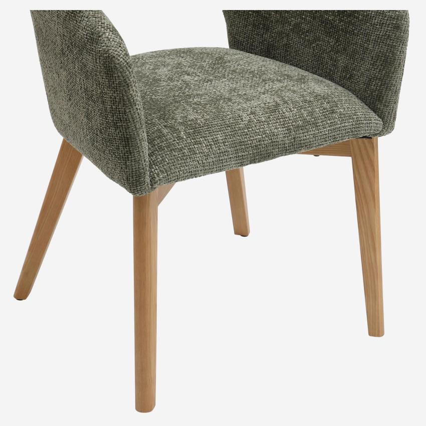 Lot de 2 chaises en tissu chenille et bois massif avec accoudoirs - Vert et chêne