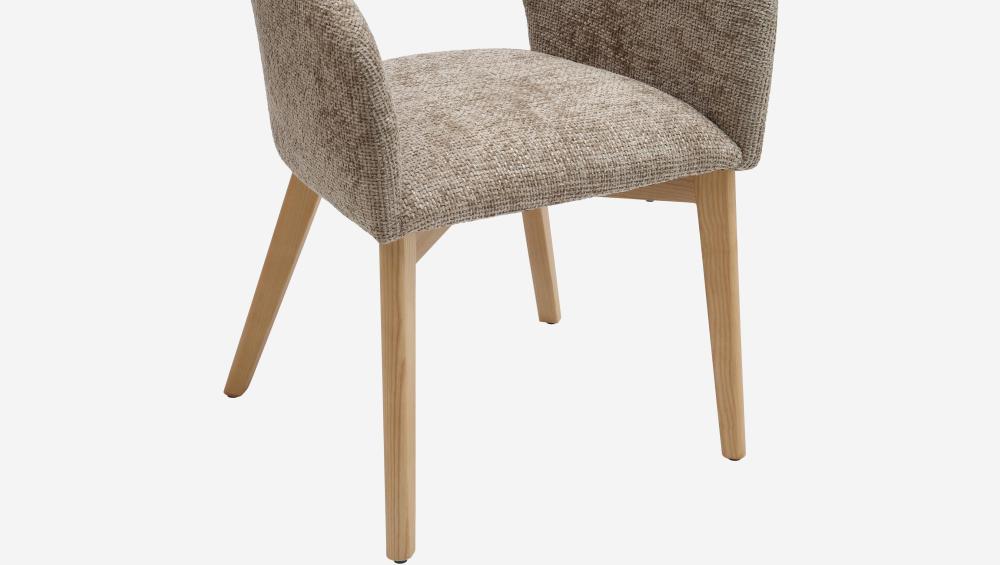 Lot de 2 chaises en tissu chenille et bois massif avec accoudoirs - Beige et chêne