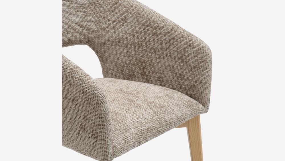 Lot de 2 chaises en tissu chenille et bois massif avec accoudoirs - Beige et chêne