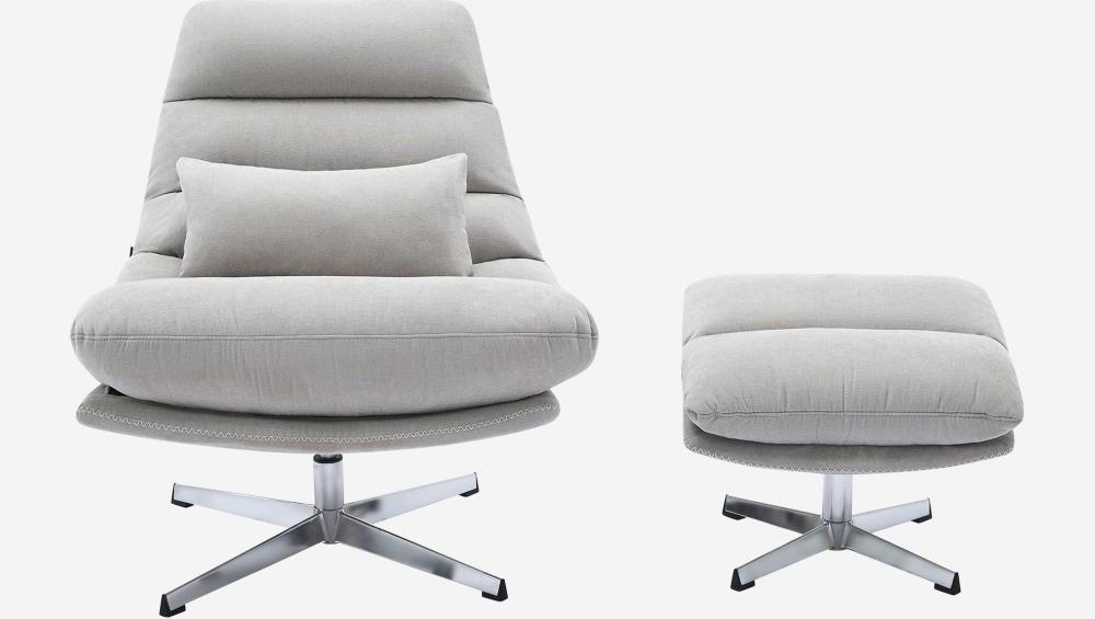 Fauteuil pivotant avec repose-pieds en tissu et métal chromé - Gris