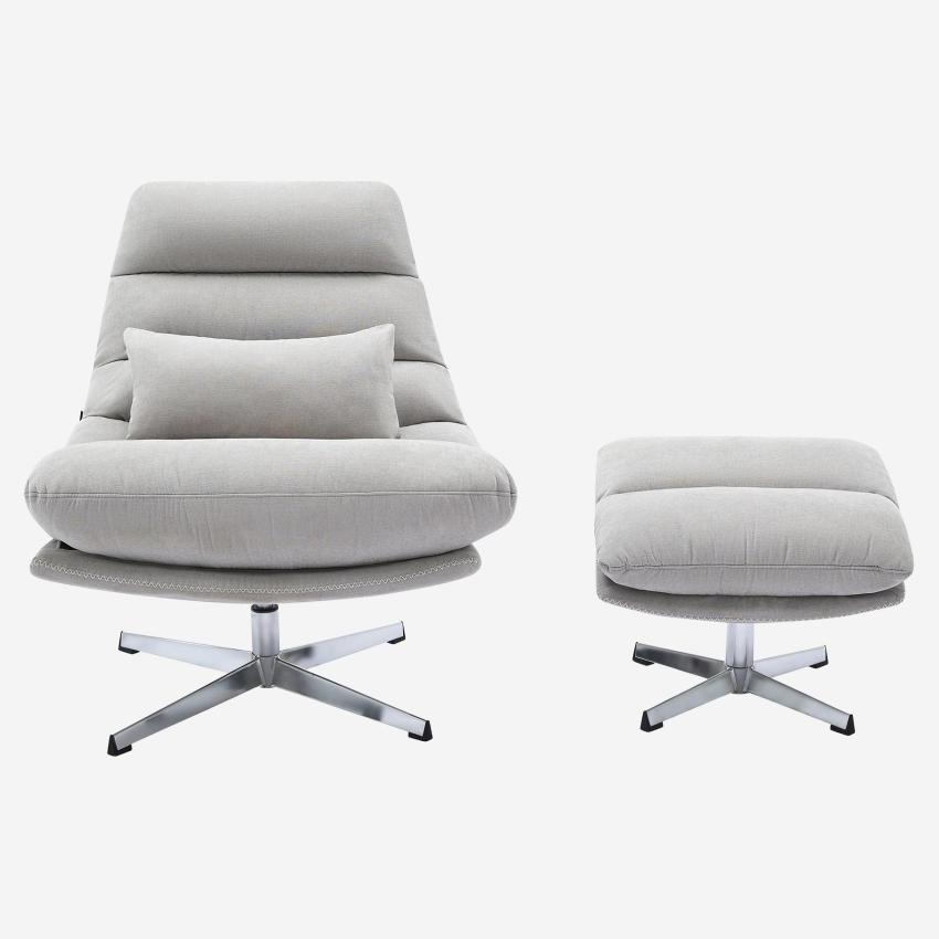 Fauteuil pivotant avec repose-pieds en tissu et métal chromé - Gris