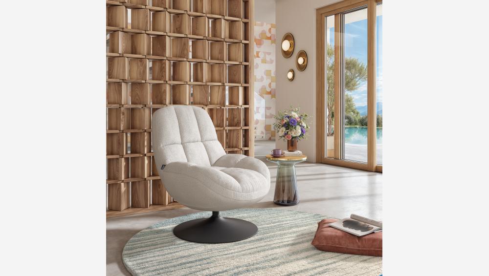 Fauteuil pivotant en tissu chenille et métal mat - Beige et noir