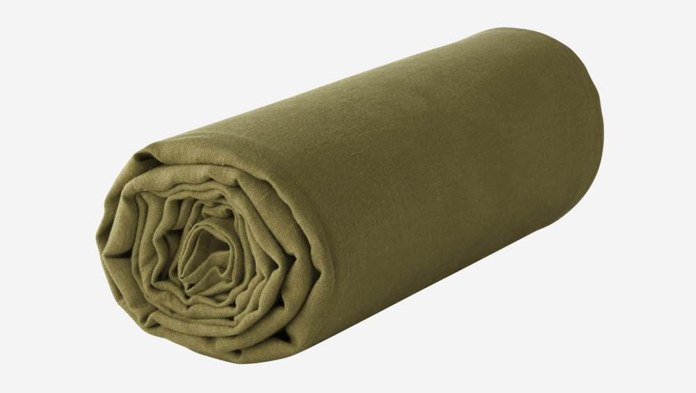 Drap housse en lin - 160 x 200 cm - Vert kaki