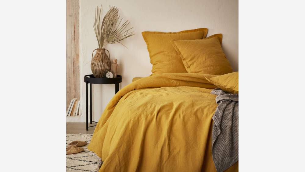 Drap housse en lin - 160 x 200 cm - Jaune moutarde