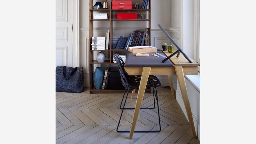 Bureau en chêne et cuir brun - 103 cm