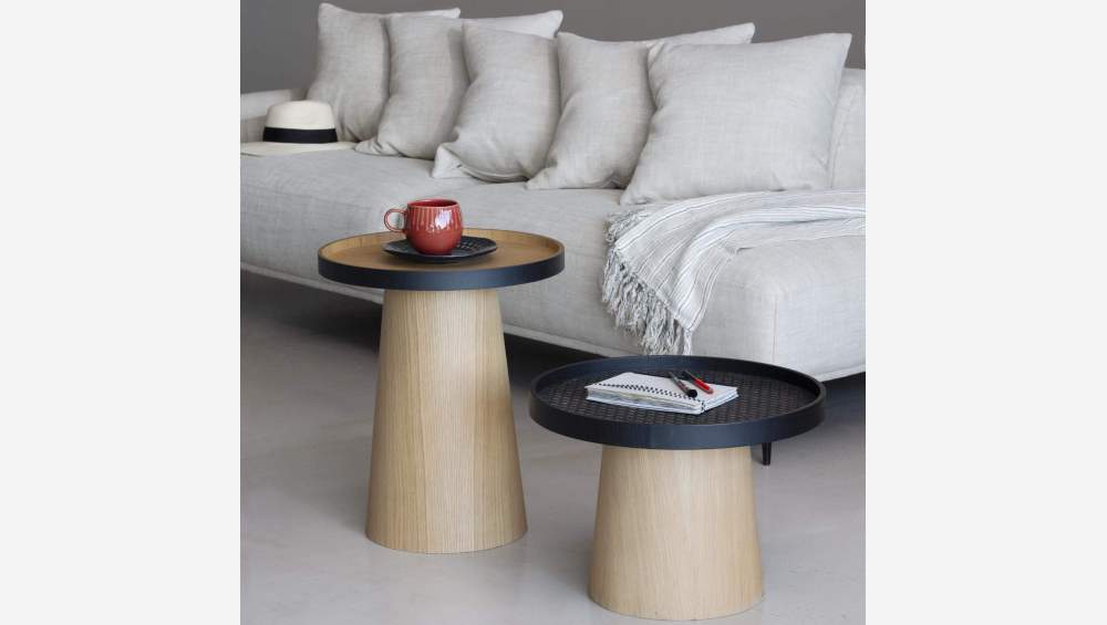 Table d'appoint avec plateau tissé - Noir et naturel