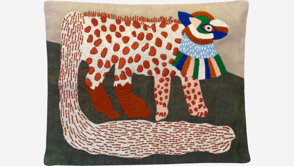 Cuscino in lino ricamato a mano - 50 x 40 cm -Motivo animale - Design by Floriane Jacques