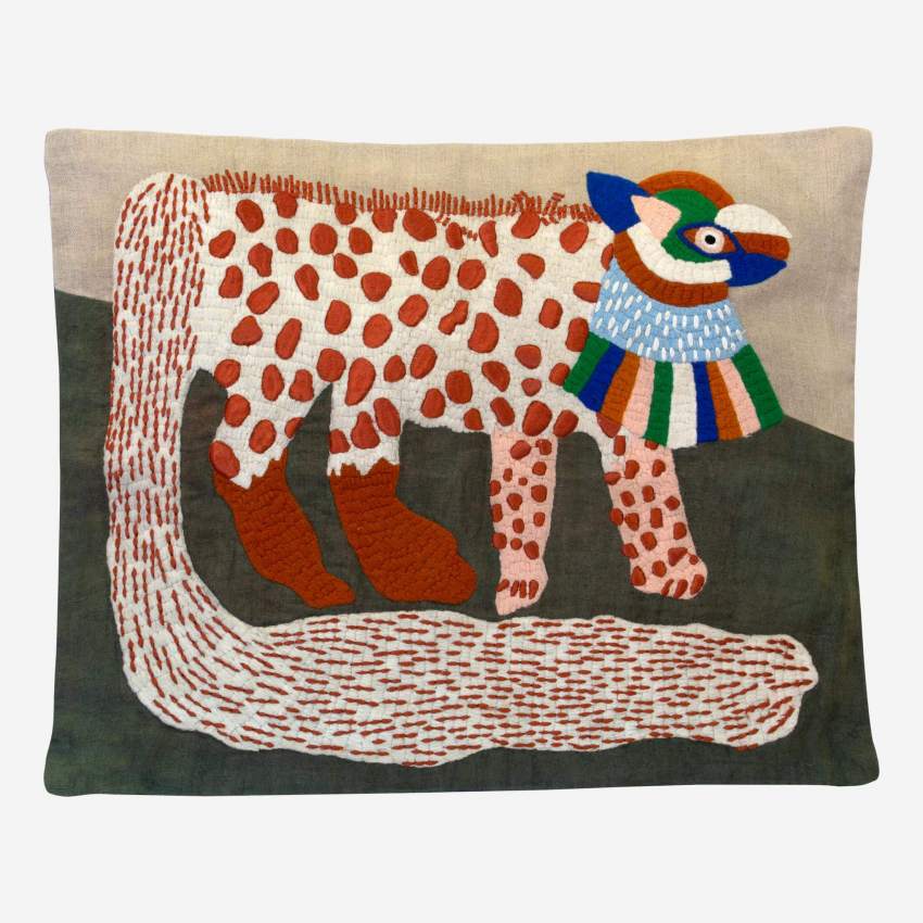 Cuscino in lino ricamato a mano - 50 x 40 cm -Motivo animale - Design by Floriane Jacques
