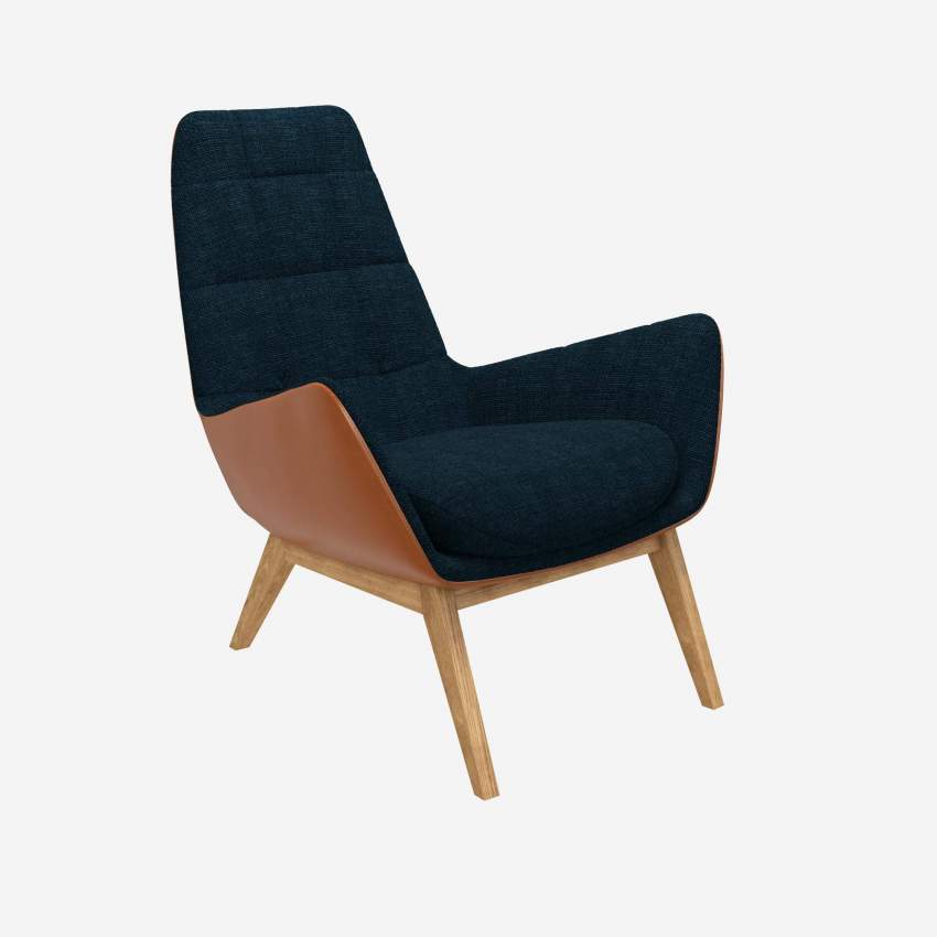 Sessel aus Melina-Stoff in Tintenblau und Vintage-Leder - Eichenfüße