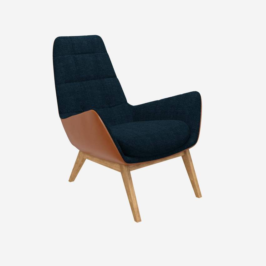 Sessel aus Melina-Stoff in Tintenblau und Vintage-Leder - Eichenfüße
