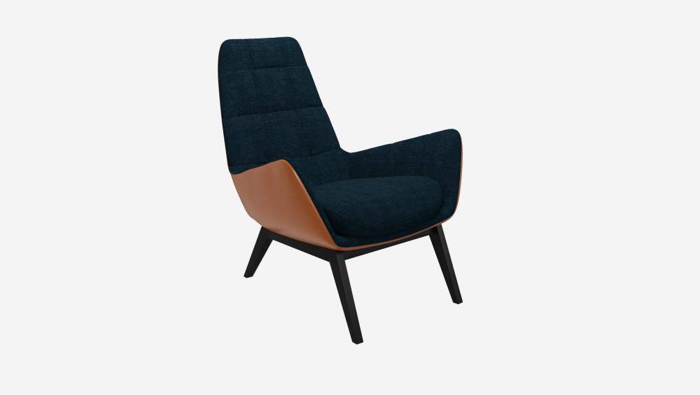 Sessel aus Melina-Stoff in Tintenblau und Vintage-Leder - Schwarze Füße