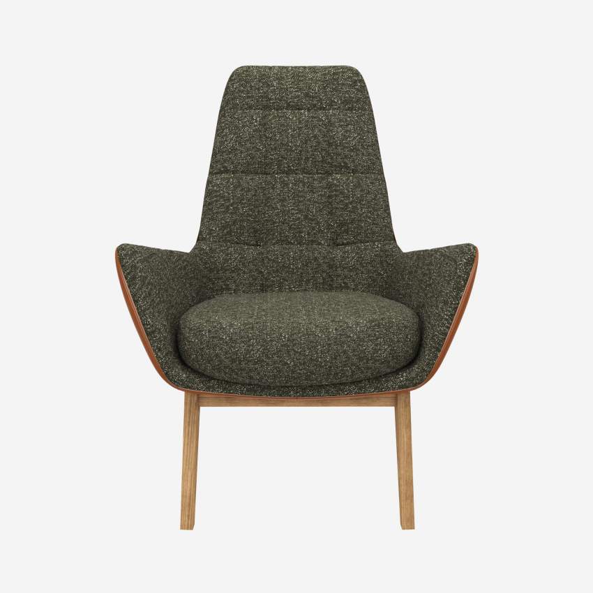 Sessel aus Lucca-Stoff in Moosgrün und Vintage-Leder - Eichenfüße