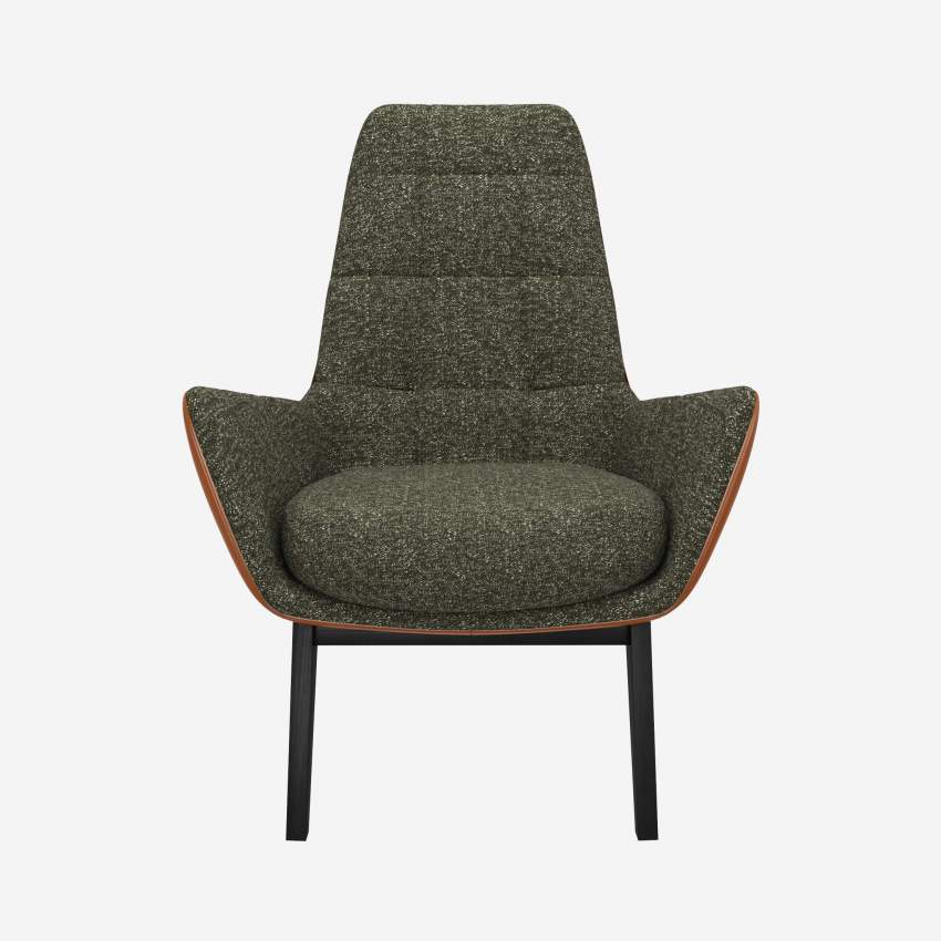 Sessel aus Lucca-Stoff in Moosgrün und Vintage-Leder - Schwarze Füße
