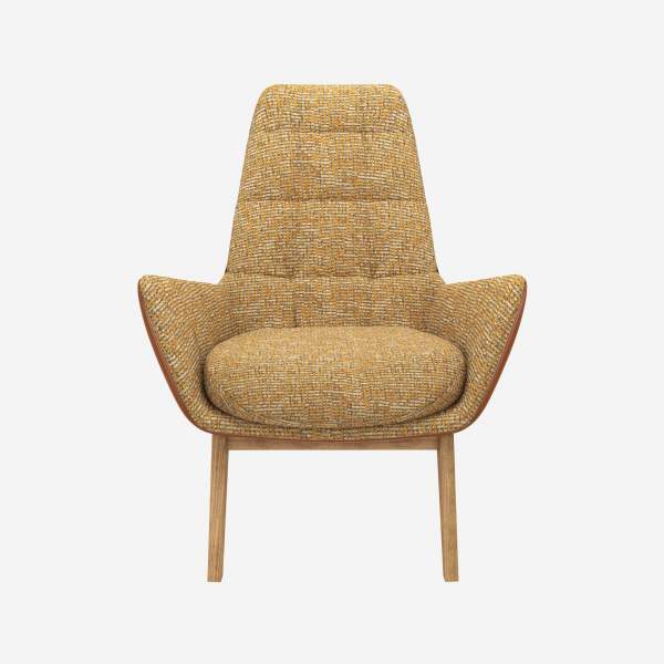 Sessel aus Alba-Stoff in Sonnengelb und Vintage-Leder - Eichenfüße