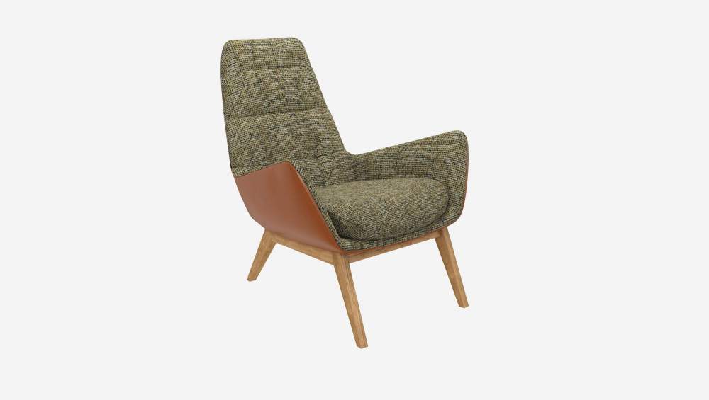 Sessel aus Alba-Stoff in Gewittergrün und Vintage-Leder - Eichenfüße