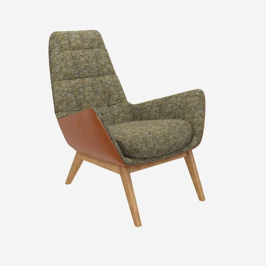 Sessel aus Alba-Stoff in Gewittergrün und Vintage-Leder - Eichenfüße