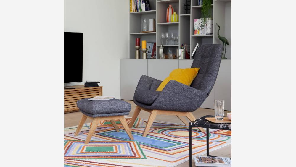 Fauteuil stoffen Lucca - Blauw verzinkt - Eiken poten 