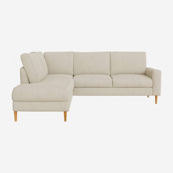 Canapé d'angle 4 places avec chauffeuse gauche / 2 coussins en tissu Lucca - Blanc mastic - Accoudoirs droits - Pieds droits en chêne huilé - Confort ferme