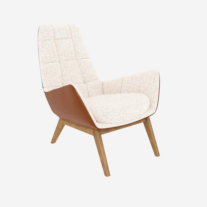 Sessel aus Bormio-Stoff in Alabasterweiß und Vintage-Leder - Eichenfüße