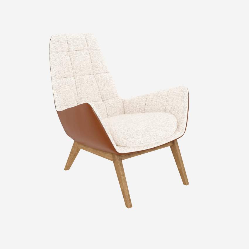 Sessel aus Bormio-Stoff in Alabasterweiß und Vintage-Leder - Eichenfüße