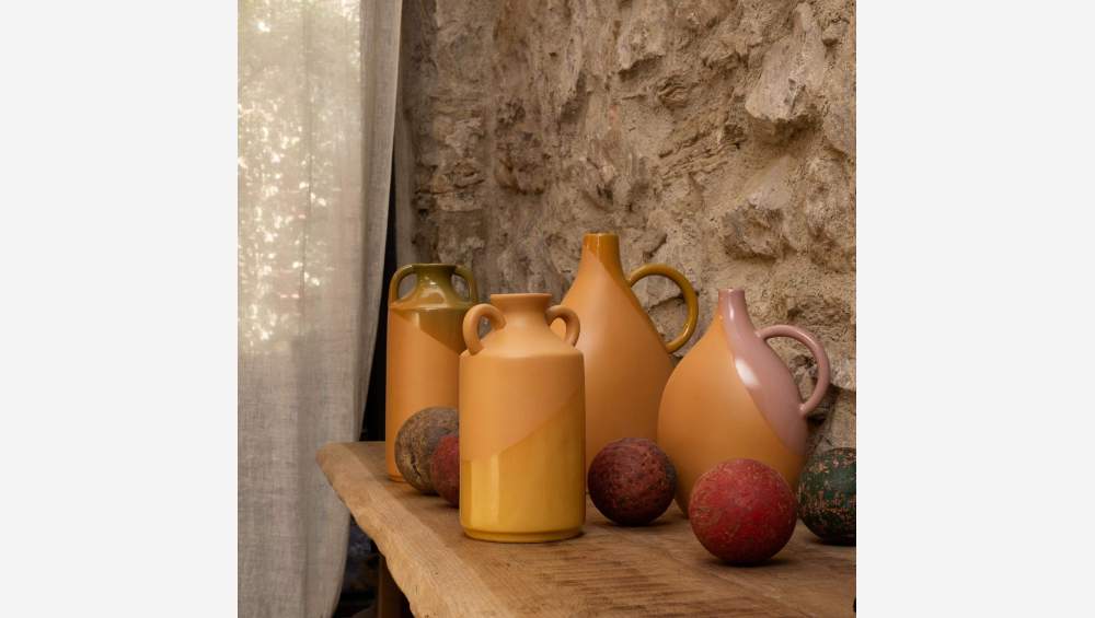Vase en céramique avec anses - 12 x 30 cm - Ocre et marron