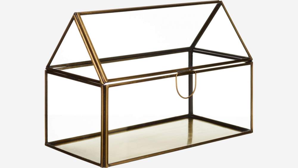 Caja de vidrio con forma de casa - 13 x 26 cm – Transparente y dorado
