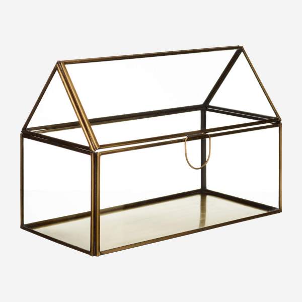 Boîte en verre en forme de maison - 13 x 26 cm – Transparent et doré