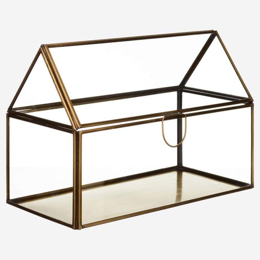 Caja de vidrio con forma de casa - 13 x 26 cm – Transparente y dorado