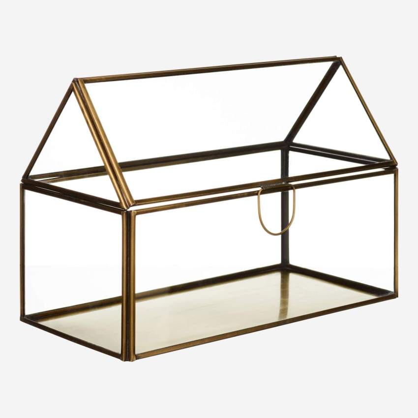 Caixa de vidro em forma de casa - 13x26cm – Transparente e dourado