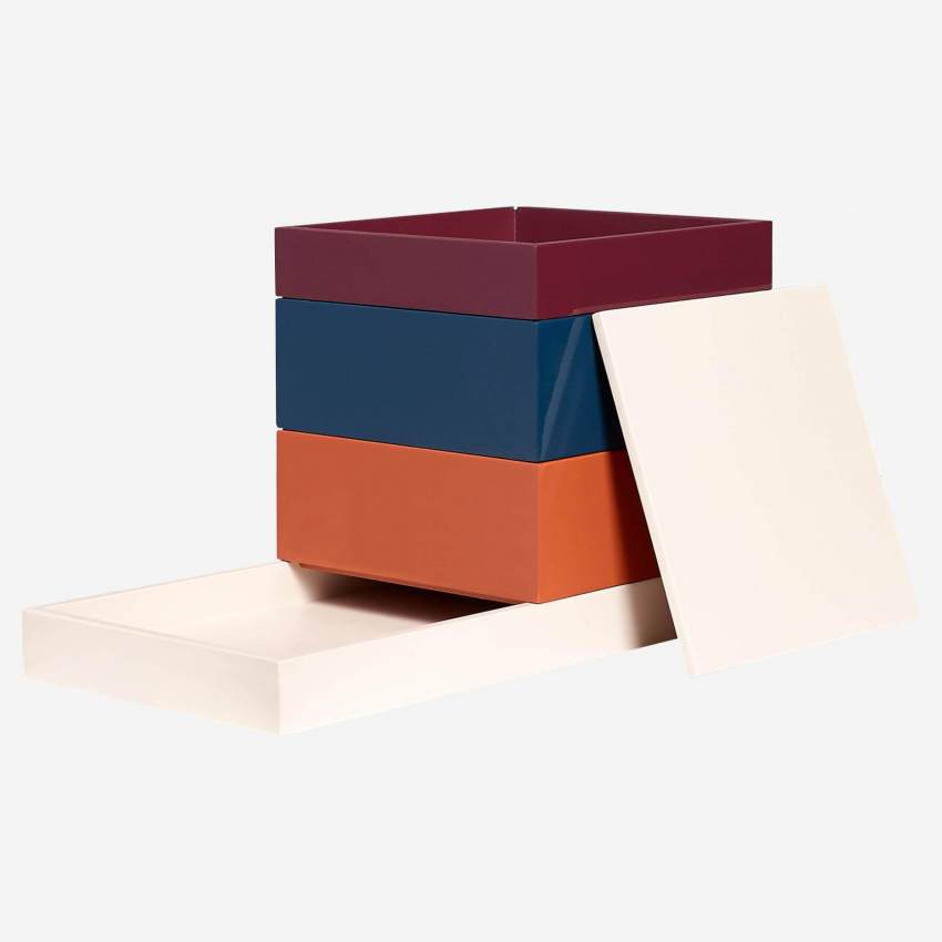 3er-Set Boxen aus lackiertem Holz - Orange, Blau und Weinrot