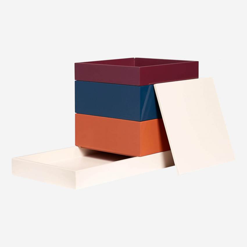 3er-Set Boxen aus lackiertem Holz - Orange, Blau und Weinrot