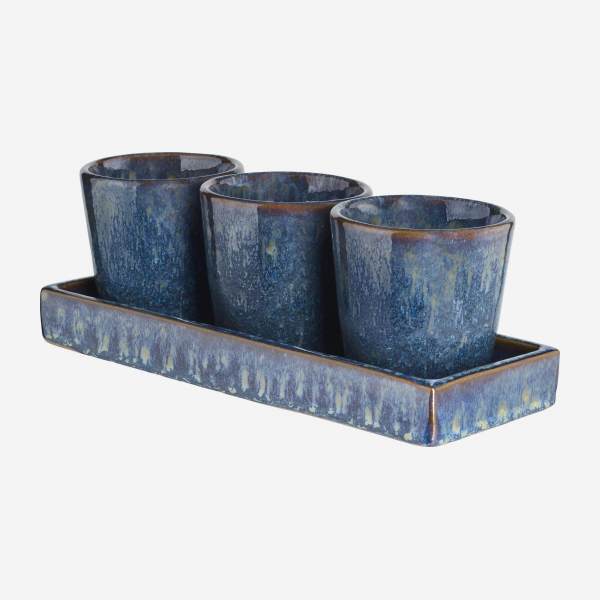 Conjunto de 3 vasos decorativos em faiança com tampo – Azul