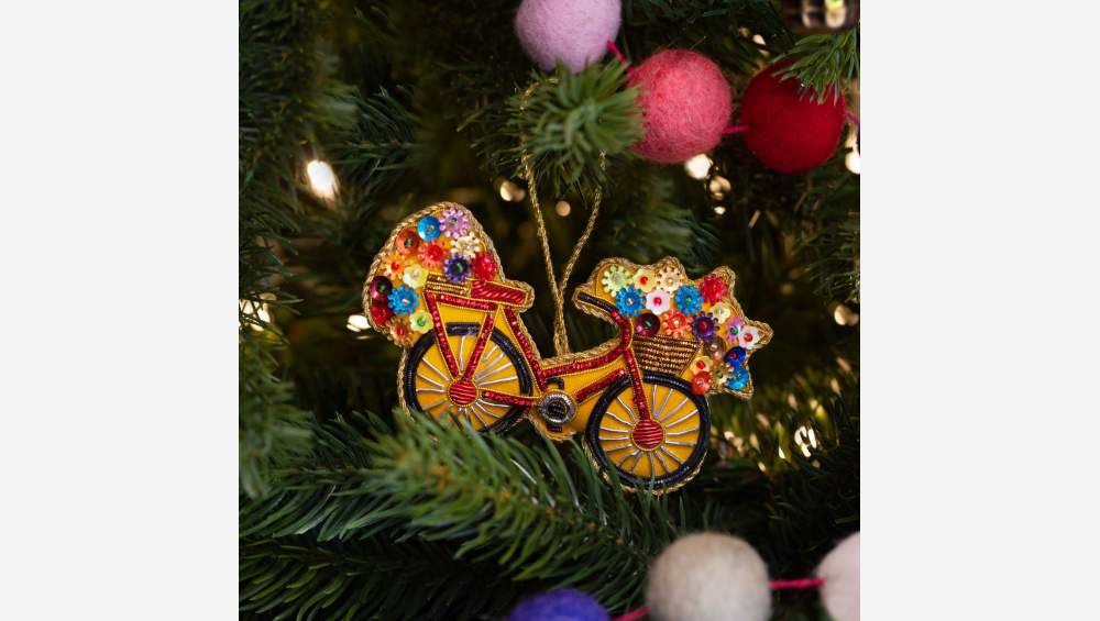 Décoration de Noël - Vélo à accrocher en velours - Jaune