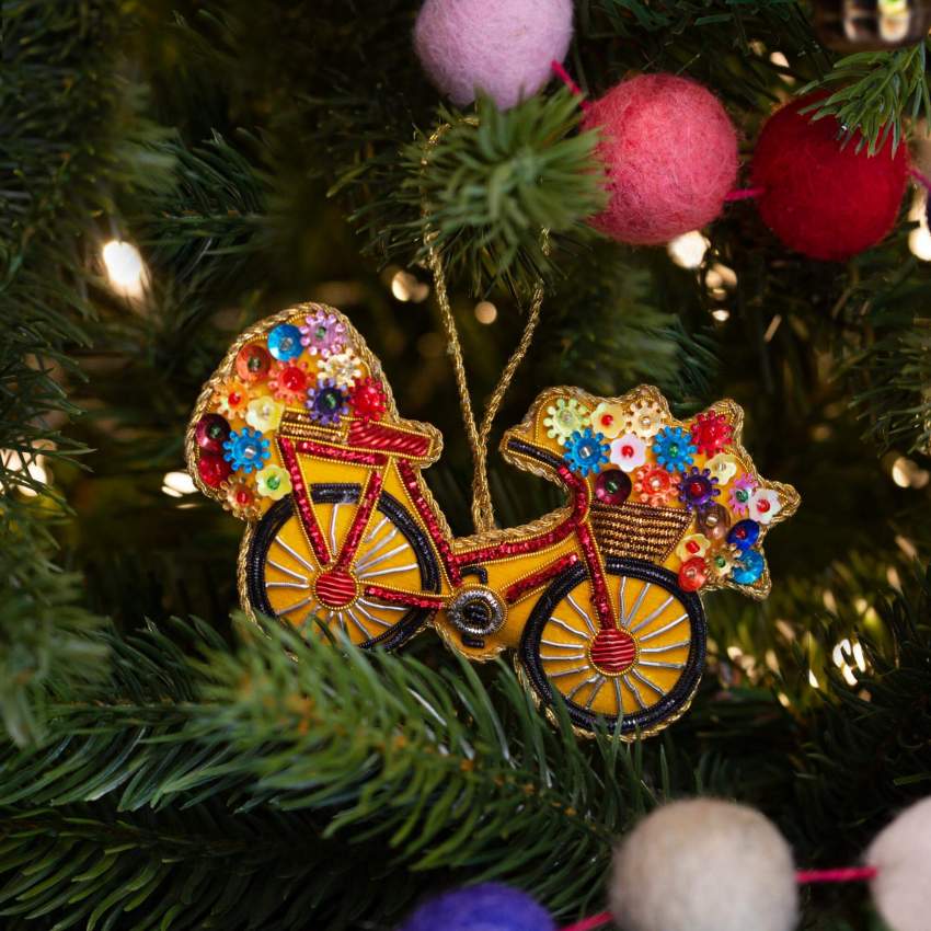 Weihnachtsdekoration - Fahrrad zum Aufhängen aus Samt - Gelb