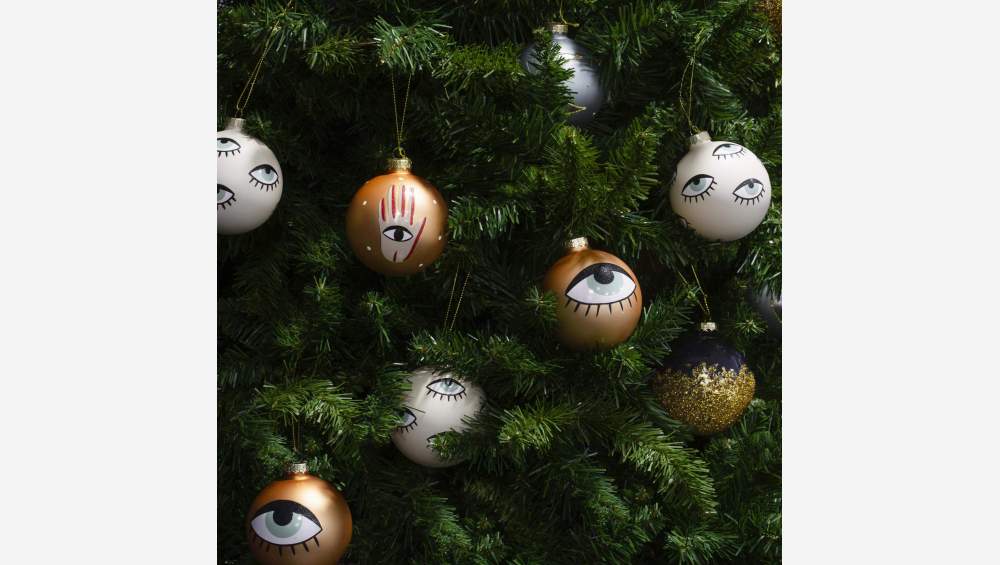 Decoración navideña - Bola de vidrio con ojos dibujados - Beige