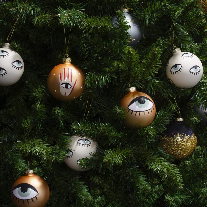 Kerstversiering - Glazen kerstbal met oogmotief - Beige