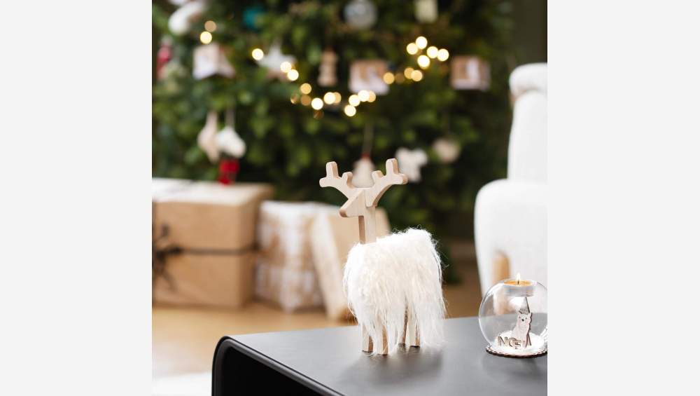 Décoration de Noël - Renne à poser en bois et tissu - Blanc
