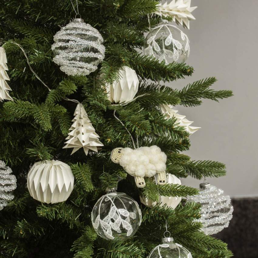 Décoration de Noël - Boule en verre avec décor feuilles - Blanc