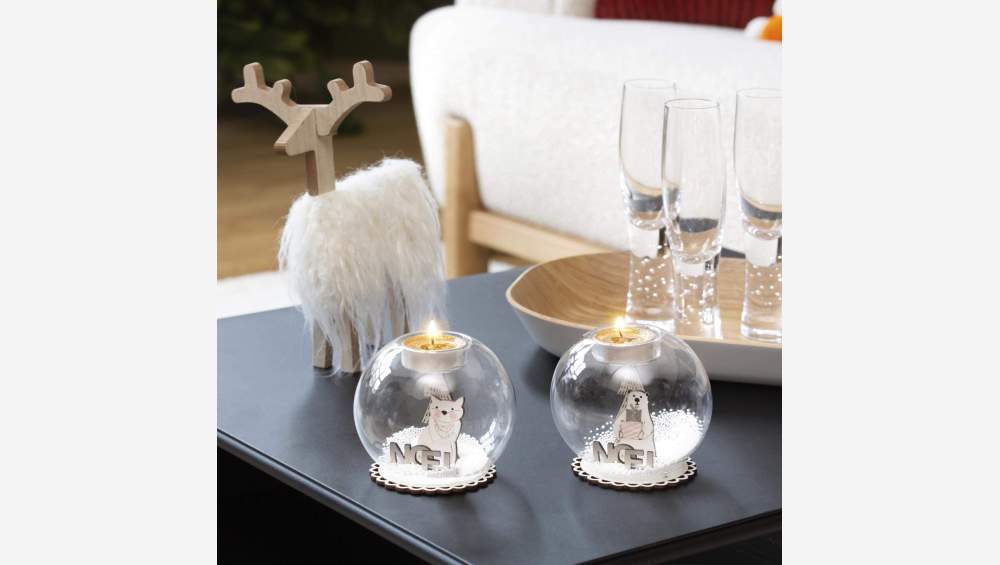 Décoration de Noël - Bougeoir en verre avec décor renard en bois