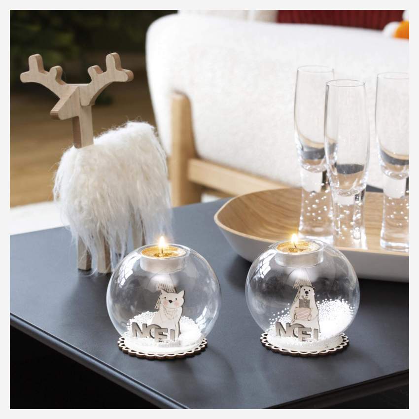 Décoration de Noël - Bougeoir en verre avec décor renard en bois