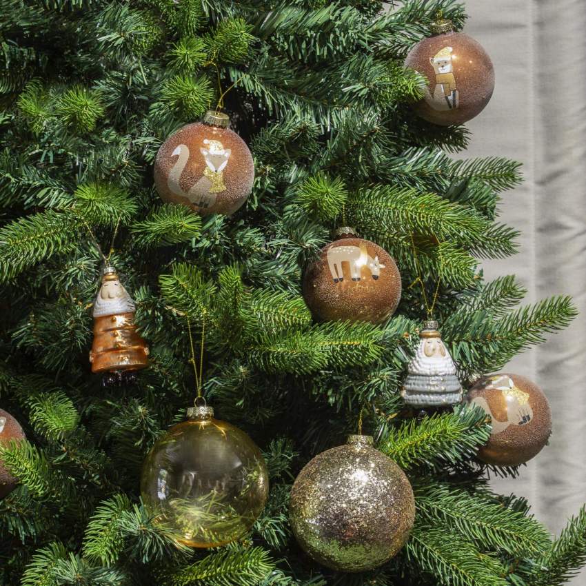 Decoración de Navidad - Bola de vidrio con dibujo zorro sonriente con bufanda - Beige