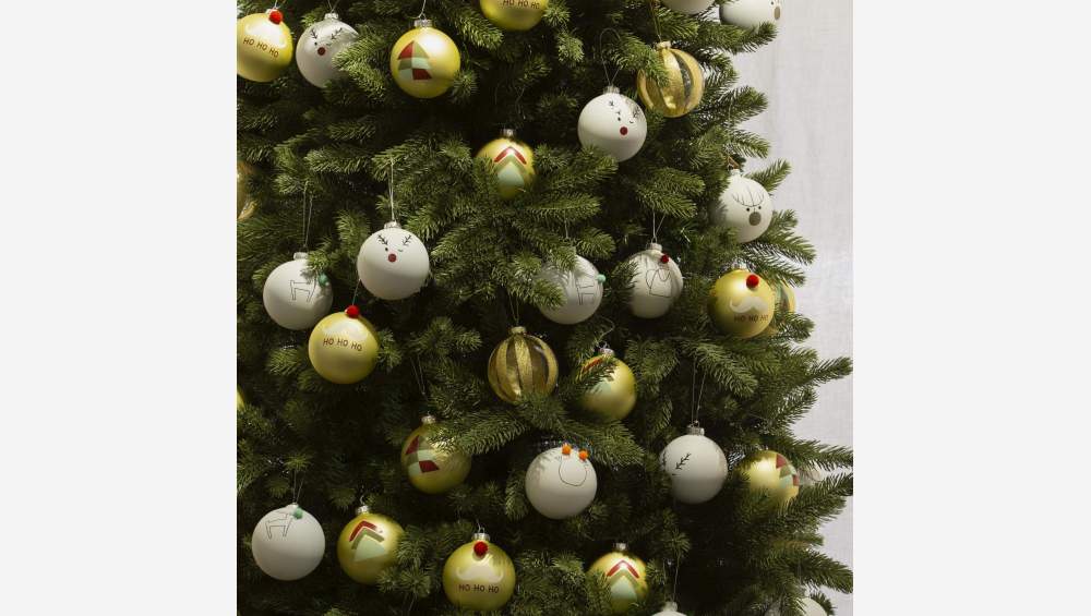 Decoración navideña - Bola de vidrio con muñeco de nieve dibujado y pompón - Blanco