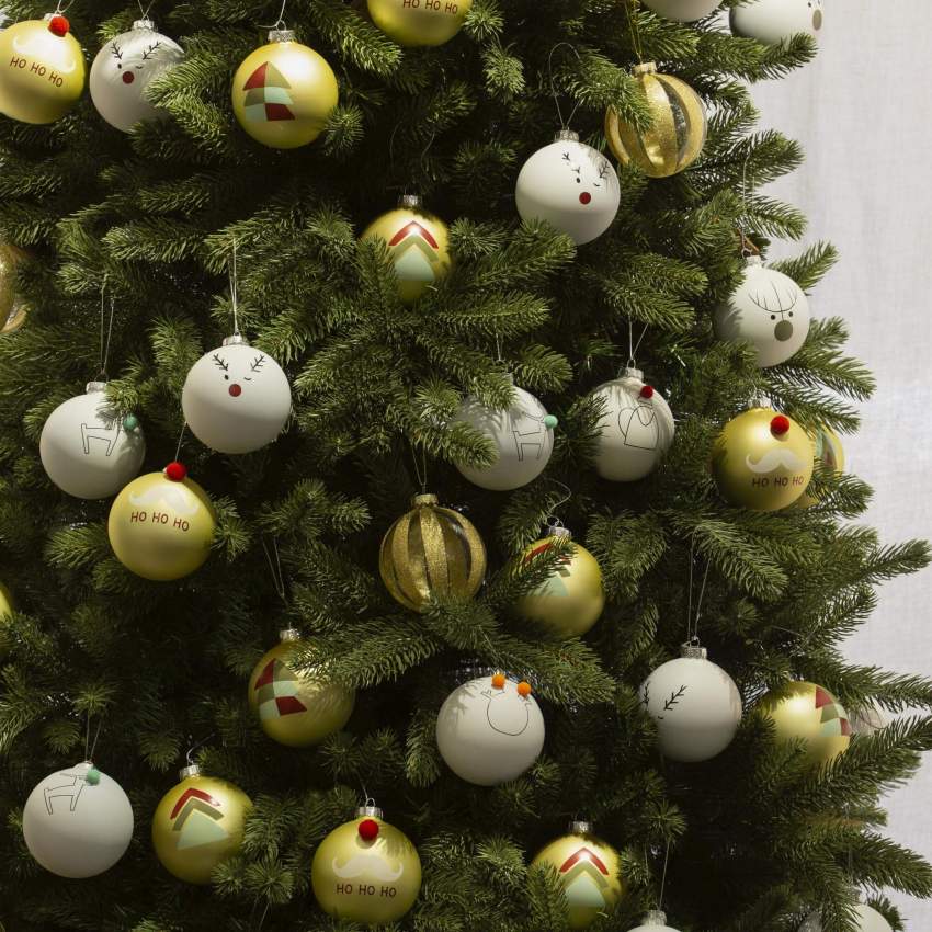 Decoración navideña - Bola de vidrio con muñeco de nieve dibujado y pompón - Blanco