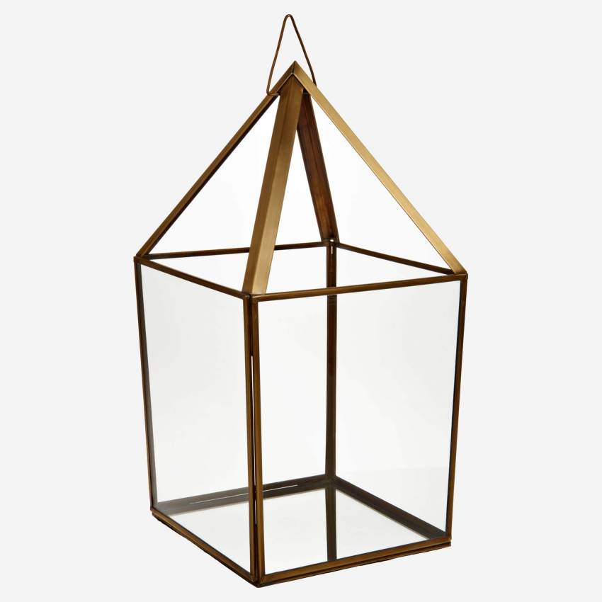 Lantaarn van glas en metaal  – 20 cm – Transparant en goudkleurig