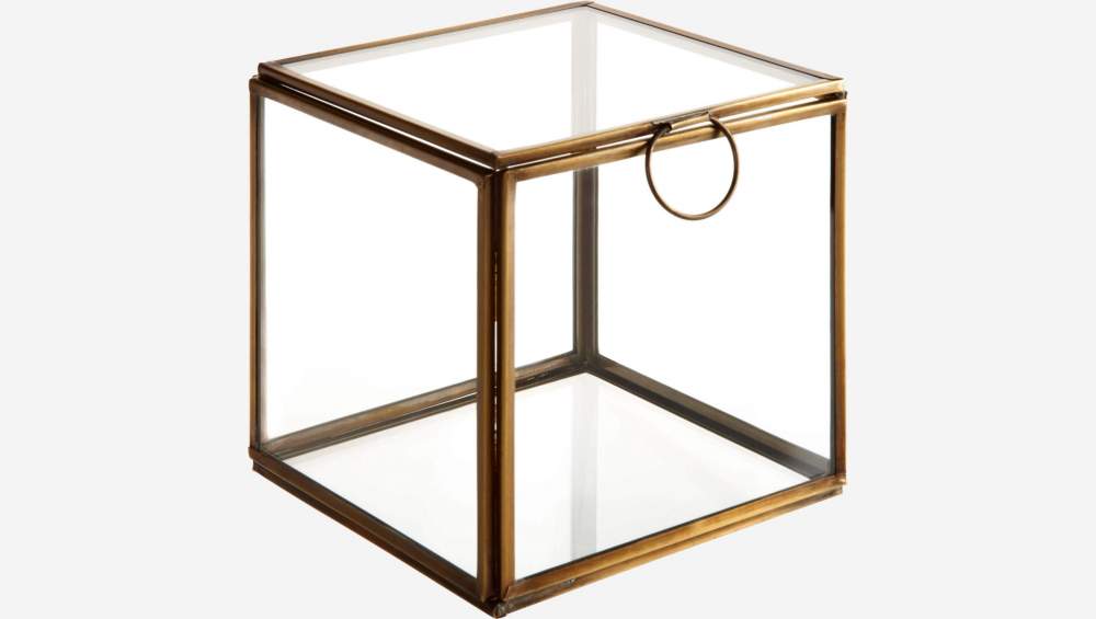 Caja cuadrada de vidrio – 13 x 13 cm – Transparente y dorado